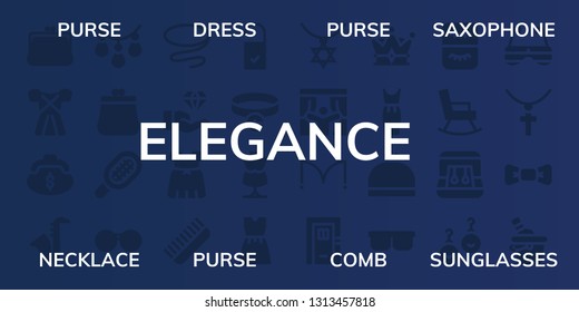 elegance icon set. 32 filled elegance icons. on blue background style Collection Of - Purse, Dress, Saxophone, Necklace, Comb, Sunglasses, Tie, Jewelry, Doorknob, Collar, Mannequin