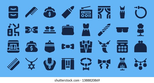 elegance icon set. 32 filled elegance icons. on blue background style Collection Of - Eyelash, Dancer, Earrings, Comb, Bow tie, Purse, Necklace, Sunglasses, Lipstick, Curtain