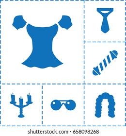 Elegance icon. set of 6 elegance filled icons such as hair curler, hairstyle, blouse, tie, candlestick