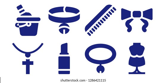  elegance icon set. 8 filled elegance icons. Simple modern icons about  - Jewelry, Ice bucket, Lipstick, Collar, Comb, Mannequin, Tie