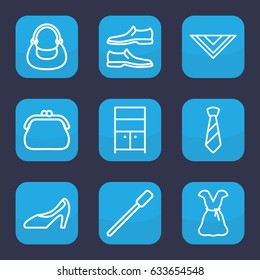 Elegance icon. set of 9 outline elegance icons such as nailfile, wardrobe, man shoe, cravat, bag, dress, woman shoe, tie