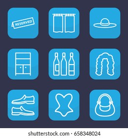 Elegance icon. set of 9 outline elegance icons such as hairstyle, wardrobe, man shoe, corset, bag, woman hat, wine glass, reserved