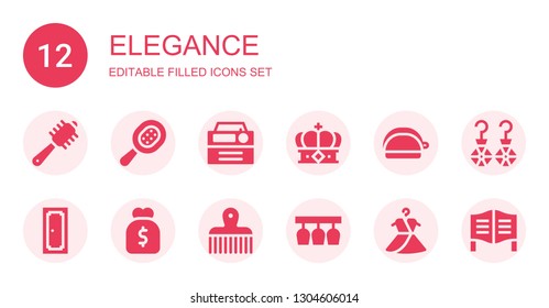 elegance icon set. Collection of 12 filled elegance icons included Comb, Radio, Crown, Purse, Door, Glasses, Dress, Earrings