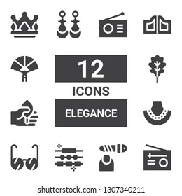 elegance icon set. Collection of 12 filled elegance icons included Radio, Nail file, Jewelry, Glasses, Pearl necklace, Leaf, Earrings, Doors, Paper fan, Crown