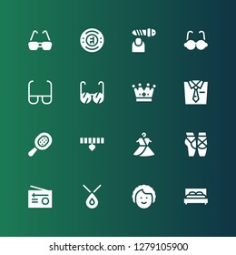 elegance icon set. Collection of 16 filled elegance icons included Bed, Dancer, Necklace, Radio, Ballet, Dress, Collar, Comb, Tie, Crown, Glasses, Nail file, Chelsea