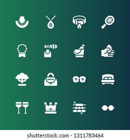 elegance icon set. Collection of 16 filled elegance icons included Eyeglasses, Jewelry, Crown, Glasses, Bed, Eye glasses, Handbag, Bonsai, Leaf, Ice bucket, Nail file, Collar