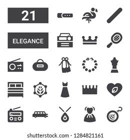 elegance icon set. Collection of 21 filled elegance icons included Earrings, Dress, Necklace, Limousine, Radio, Leaf, Crown, Bed, Queen, Pearl necklace, Ballet, Purse, Comb, Nail file