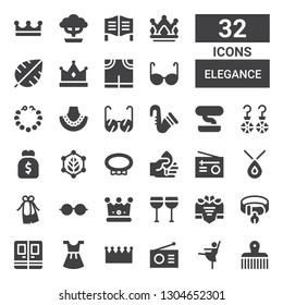 elegance icon set. Collection of 32 filled elegance icons included Comb, Ballerina, Radio, Crown, Dress, Door, Collar, Glasses, Eyeglasses, Ballet, Necklace, Leaf, Purse, Earrings