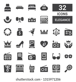 elegance icon set. Collection of 32 filled elegance icons included Comb, Door, Radio, Bed, Tie, Eye glasses, Glasses, Crown, Leaf, Heels, Ballerina, Purse, Necklace, Pearl necklace