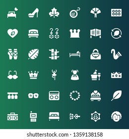 elegance icon set. Collection of 36 filled elegance icons included Dancer, Leaf, Earrings, Bed, Radio, Pearl necklace, Eye glasses, Glasses, Crown, Ice bucket, Dress, Saxophone
