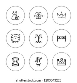 Elegance icon set. collection of 9 outline elegance icons with dancer, crown, dress, entrance icons. editable icons.