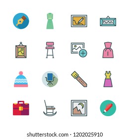 elegance icon set. vector set about picture, dress, desk chair and rocking chair icons set.