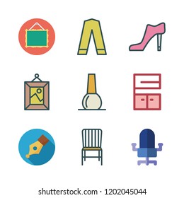 elegance icon set. vector set about furniture, frame, high heel and chair icons set.