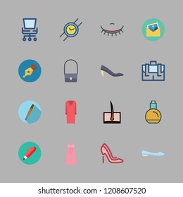 elegance icon set. vector set about picture, eyelash, high heels and dress icons set.