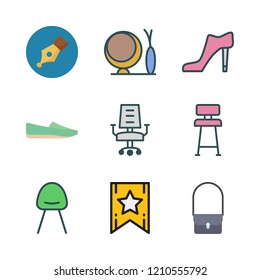 elegance icon set. vector set about lace, high heel, pen and desk chair icons set.