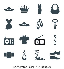 Elegance icons. set of 16 editable filled elegance icons such as crown, sandals, man shoe, tie, bag, dress, woman hat, radio, ballet shoes, door, hair curler, earring