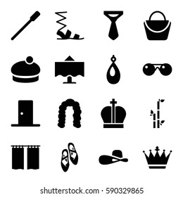 elegance icons set. Set of 16 elegance filled icons such as nailfile, hairstyle, woman bag, crown, bamboo, earring, sandals, tie, woman hat, door, restaurant table, curtain