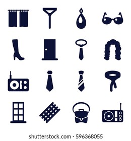 elegance icons set. Set of 16 elegance filled icons such as door, hair curler, hairstyle, woman boot, earring, tie, bag, radio, curtain