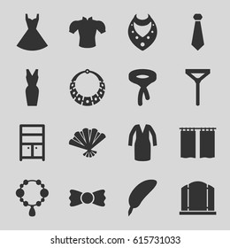 Elegance icons set. set of 16 elegance filled icons such as gate, necklace, wardrobe, blouse, dress, tie, bow tie, fan, curtain