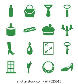 Elegance icons set. set of 16 elegance filled icons such as door, lipstick, woman bag, woman boot, earring, window, clean wine glass, tie, reserved, candlestick, necklace