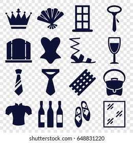 Elegance icons set. set of 16 elegance filled icons such as door, gate, hair curler, crown, window, sandals, corset, blouse, tie, bag, wine glass, fan