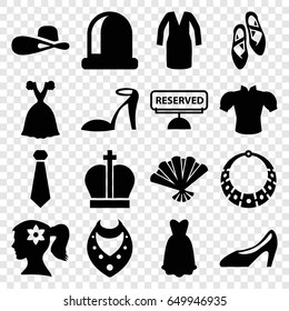 Elegance icons set. set of 16 elegance filled icons such as woman face with flower in hair, heel sandals, necklace, blouse, dress, woman hat, woman shoe, fan, reserved