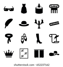 Elegance icons set. set of 16 elegance filled icons such as greek column, woman boot, crown, window, tie, woman hat, feather and paper, dress, reserved, candlestick, curtain