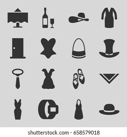 Elegance icons set. set of 16 elegance filled icons such as door, corset, dress, tie, cravat, bag, woman hat, hat, restaurant table, wine glass and bottle, ballet shoes