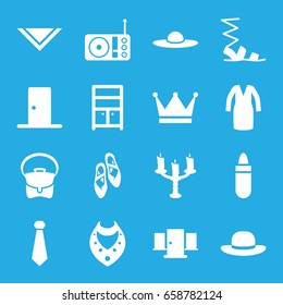 Elegance icons set. set of 16 elegance filled icons such as lipstick, necklace, wardrobe, sandals, dress, cravat, bag, woman hat, radio, door, candlestick, ballet shoes, crown