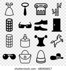 Elegance icons set. set of 16 elegance filled and outline icons such as door, hair curler, man shoe, blouse, tie, woman hat, sunglasses, greek column, woman bag, bamboo, bag