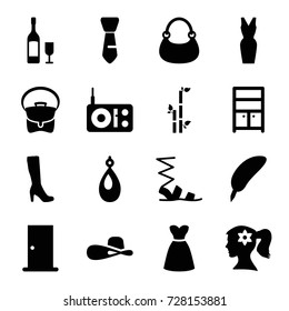 Elegance icons set. set of 16 elegance filled icons such as door, woman face with flower in hair, woman boot, bamboo, earring, wardrobe, sandals, bag, dress, woman hat, tie