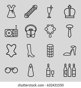 Elegance icons set. set of 16 elegance outline icons such as hair curler, necklace, woman boot, heel sandals, clean wine glass, corset, dress, tie, bag, radio, wine glass