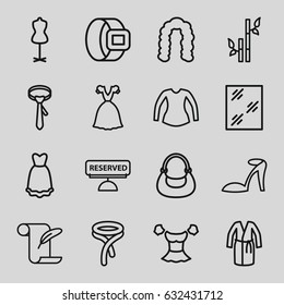 Elegance icons set. set of 16 elegance outline icons such as hairstyle, bamboo, heel sandals, window, mannequin, blouse, dress, tie, bag, feather and paper, reserved