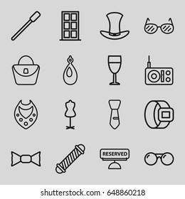 Elegance icons set. set of 16 elegance outline icons such as door, nailfile, hair curler, woman bag, necklace, earring, mannequin, bow tie, tie, hat, reserved, wine glass