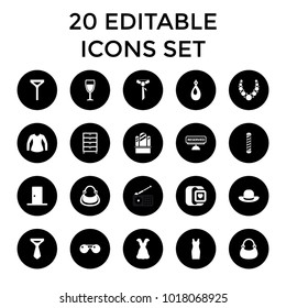 Elegance icons. set of 20 editable filled elegance icons such as earring, tie, bag, dress, door, reserved, wine glass. best quality elegance elements in trendy style.