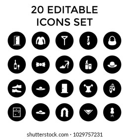 Elegance icons. set of 20 editable filled elegance icons such as door, hairstyle, man shoe, blouse, tie, cravat, bag. best quality elegance elements in trendy style.