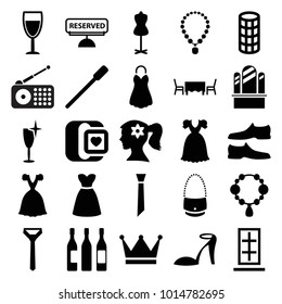 Elegance icons. set of 25 editable filled elegance icons such as nailfile, woman face with flower in hair, necklace, hair curler, heel sandals, clean wine glass, mannequin