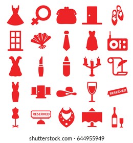 Elegance icons set. set of 25 elegance filled icons such as door, female, lipstick, necklace, mannequin, dress, woman hat, feather and paper, fan, restaurant table, reserved