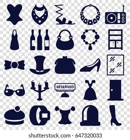 Elegance icons set. set of 25 elegance filled icons such as door, necklace, woman boot, window, wardrobe, sandals, corset, dress, blouse, bag, woman hat, bow tie, woman shoe