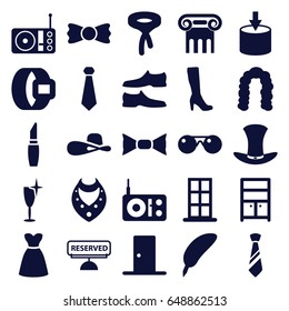 Elegance icons set. set of 25 elegance filled icons such as greek column, door, hairstyle, woman boot, lipstick, necklace, clean wine glass, wardrobe, man shoe, bow tie, tie