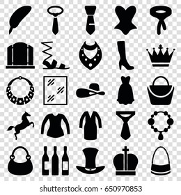 Elegance icons set. set of 25 elegance filled icons such as gate, necklace, woman bag, woman boot, crown, window, sandals, corset, blouse, dress, tie, bag, woman hat