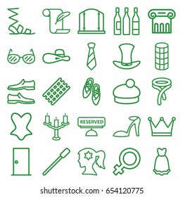Elegance icons set. set of 25 elegance outline icons such as greek column, door, female, nailfile, gate, hair curler, woman face with flower in hair, heel sandals, sandals