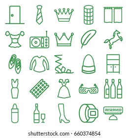 Elegance icons set. set of 25 elegance outline icons such as hair curler, lipstick, woman boot, crown, wardrobe, sandals, blouse, bag, dress, radio, tie, wine glass, door