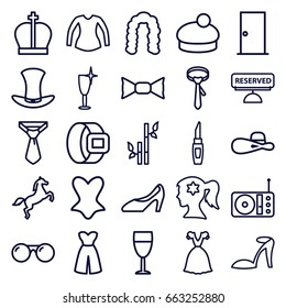 Elegance icons set. set of 25 elegance outline icons such as door, hairstyle, woman face with flower in hair, lipstick, bamboo, heel sandals, clean wine glass, corset, blouse