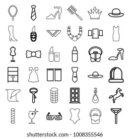 Elegance icons. set of 36 editable outline elegance icons such as door, lipstick, heel sandals, wardrobe, mannequin, tie, bag, woman hat, bow tie, opened door, curtain, horse