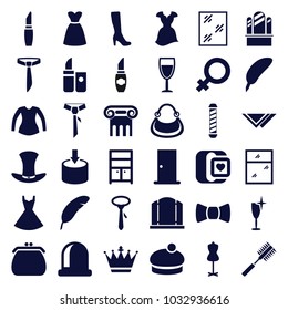 Elegance icons. set of 36 editable filled elegance icons such as greek column, door, female, gate, woman boot, crown, lipstick, window, clean wine glass, wardrobe, mannequin