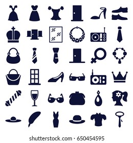 Elegance icons set. set of 36 elegance filled icons such as door, female, hair curler, woman face with flower in hair, necklace, woman bag, heel sandals, earring, window