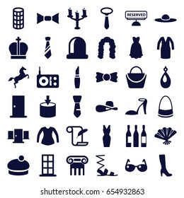 Elegance icons set. set of 36 elegance filled icons such as greek column, door, hairstyle, woman bag, woman boot, lipstick, hair curler, heel sandals, earring, sandals, blouse