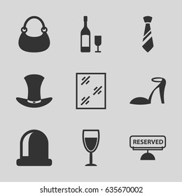 Elegance icons set. set of 9 elegance filled icons such as heel sandals, window, bag, tie, hat, reserved, wine glass, wine glass and bottle