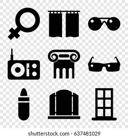 Elegance icons set. set of 9 elegance filled icons such as greek column, door, female, gate, lipstick, curtain, sunglasses